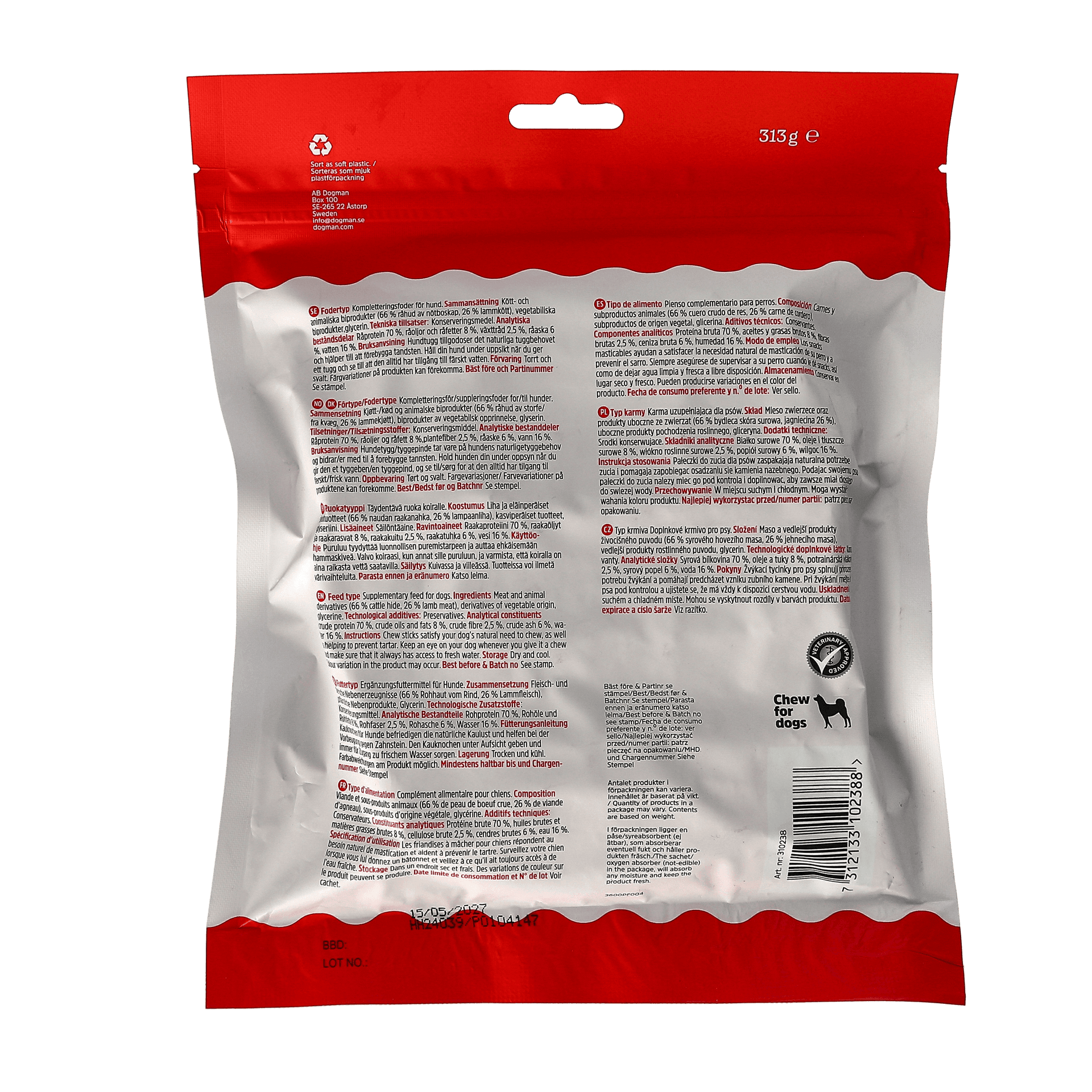 Tuggpinnar med Lamm 25p Vit 12,5cm - Hundgodis (Dogman)